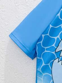 男童卡通圖形後拉鍊連體泳衣 - 淺藍色 - 查看 3