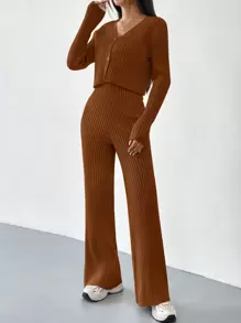 SHEIN EZwear 女款前扣衫+毛衣褲兩件套