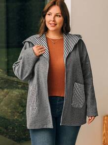 EMERY ROSE Plus Size Plaid Woolen Coat With Large Pockets - Grey - View 1