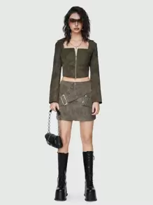 ROMWE Grunge Punk Damen-pu-langarmoberteil Mit Quadratischem Ausschnitt Und Reißverschluss - Olivgrün - Übersicht 1