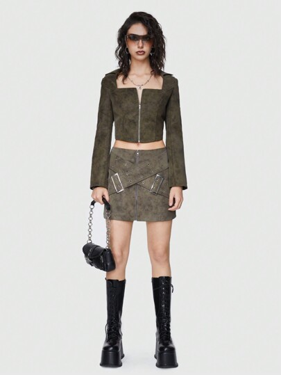 Grunge Punk Top De Manga Larga Con Cremallera Y Escote Cuadrado De Poliuretano Para Mujer