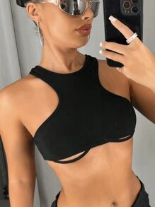 SHEIN ICON Solid Color Hollow Out Tank Top - Black - View 3