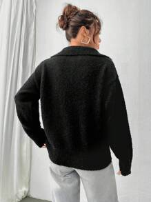 Flirla Half Zip Drop Shoulder Knit Pullover Fall Winter Sweater - Black - View 2
