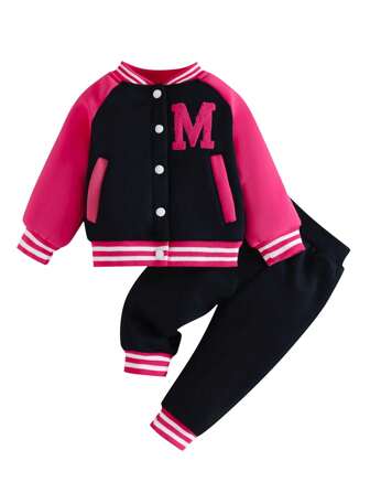 2023 新款時尚休閒運動風格毛絨 M 字母拼布棒球服不帶帽,2 件/套兒童