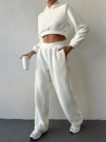 EURMUSE Solid Crop Teddy Hoodie & Pants - White - View 5