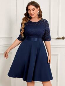 MIUSOL Plus Contrast Floral Lace Half Sleeve Prom Party Swing A-Line Dress, For Wedding Guest, Graduation, Dinner - Navy Blue - View 6