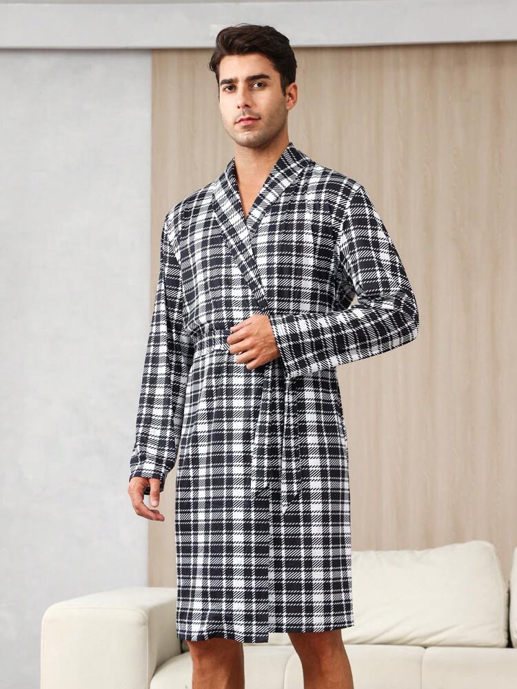 Men's Black And White Plaid Knitted Kimono Robe With Shawl Collar And Belted Pockets Long Sleep Robe Basic Loungewear