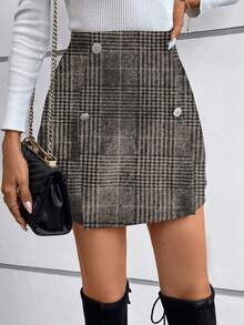 SHEIN Privé Falda Mini De Cuadros Con Decoración De Botones - Negro - Ver 3