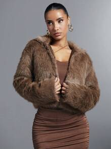 SHEIN BAE Solid Open Front Crop Fuzzy Coat - Brown - View 4