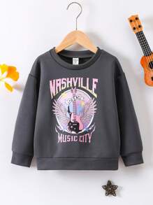 SHEIN 女小童吉他&字母圖案落肩袖運動衫 - 黑色 - 查看 1