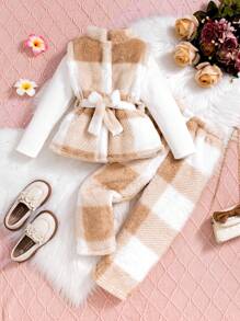 SHEIN Cô Gái Trẻ Sang trọng Tính hai mặt Họa tiết Lưới Tay áo dài Áo Và Dài Quần Ấm áp Đối với Mùa thu Và Mùa Đông - Màu be - Xem 1