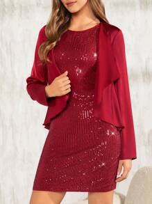 SHEIN Clasi Waterfall Collar Open Front Jacket & Sequin Bodycon Dress - Burgundy - View 4