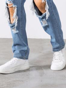 Manfinity Roughcore Bărbați Bumbac Decupat rupte zgârieturi de pisică zgârieturi Blugi cu picioare drepte Jean lung largi Cargo uni Albastru deschis Going Rock and Roll Friends