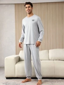 男士图案印花睡衣套装 / 睡衣套装 - 淺灰色 - 查看 1