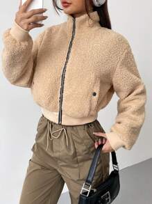 SHEIN EZwear Zip-front Teddy Jacket With Slanted Pockets - Multicolor - View 10