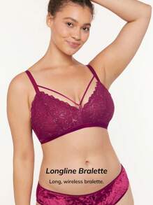 LUVLETTE Lingerie Velvet Lace Unlined V-Neck Sexy Bralette - Burgundy - View 6