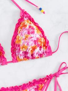 Swim Mod Summer Beach Flower Print Frill Detail Two-Piece Bikini Set With Random Print - Hot Pink - View 6