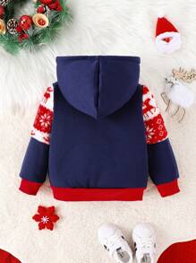 Infant Boys' Hooded Christmas Printed Patchwork Zipper Jacket - Navy Blue - View 2
