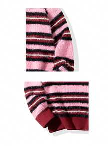 Men's Striped Colorblocked Round Neck Drop Shoulder Sleeve Winter Sweater - Pink - View 3