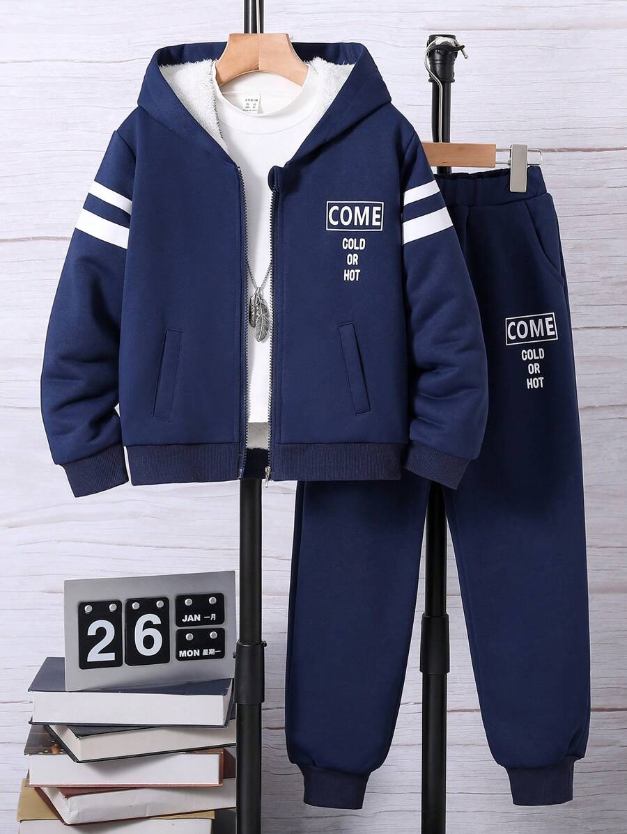 青少年男孩拉鍊閉合休閒保暖運動服,兩件式套裝 - 藍色 - 查看 1