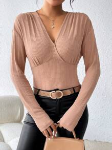 SHEIN Privé 純色條紋露肩t恤 - 卡其色 - 查看 5