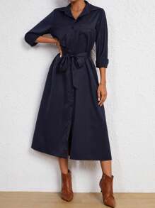 SHEIN Privé Chất rắn Nút phía trước Thắt lưng Váy sơ mi - Xanh đậm - Xem 3