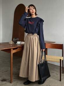 FRIFUL Women's Casual Blue Letter Printed T-Shirt,Ruffle,Graphic Tees Long Sleeve Women Tops - Navy Blue - View 3
