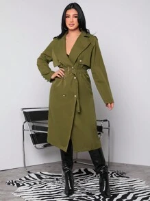 SHEIN SXY 女式新年時尚簡約雙排扣大衣 - 綠色 - 查看 5