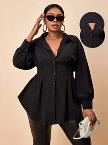 Maweii Plus Size Women Solid Color Bishop Sleeve Gathered Waist A-Line Black Sexy Long Sleeve Shirt Cardigan