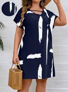 SHEIN LUNE Vestido De Talla Grande Con Mangas Murciélago Y Estampado Para Mujeres - Azul Marino - Ver 1