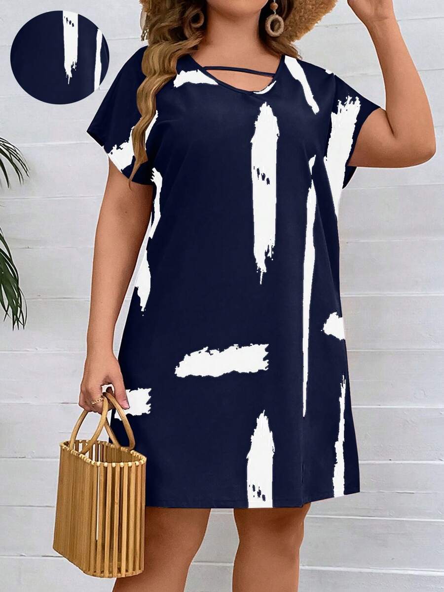 SHEIN LUNE Vestido De Talla Grande Con Mangas Murciélago Y Estampado Para Mujeres - Azul Marino - Ver 1