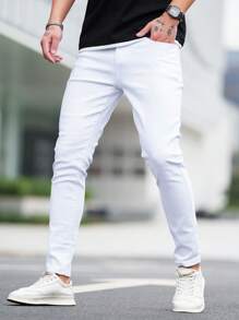 Manfinity Homme Men's Street Style White Denim Jeans Slim Fit Long Washed Light Jean Cargo Plain All Work Business Casual Husband - White - View 1