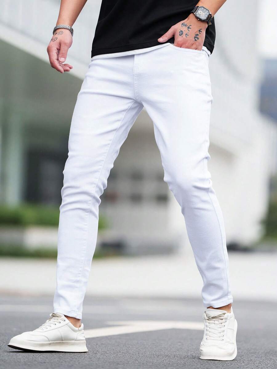 Manfinity Homme Men's Street Style White Denim Jeans Slim Fit Long Washed Light Jean Cargo Plain All Work Business Casual Husband - White - View 1