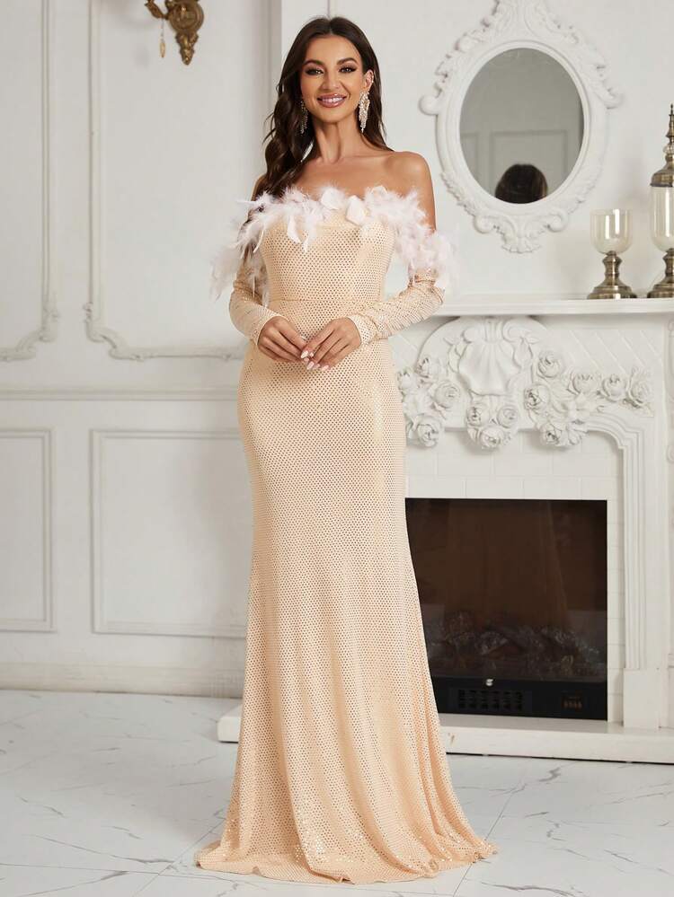 Women's Off Shoulder Mermaid Dress With Feathers, Mesh Ribbon, And Sequin Fabric (Heavy Duty Version) For Evening Party