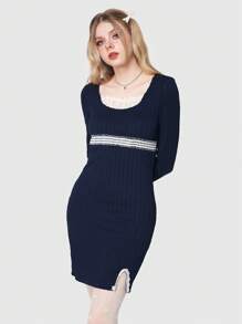 ROMWE Kawaii 女士條紋帶蕾絲修邊連衣裙 - 藍色 - 查看 4