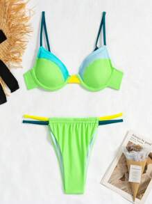 SHEIN Swim Women's Summer Beach Colorblock Neon Bikini Set Bathing Suit - Multicolor - View 7