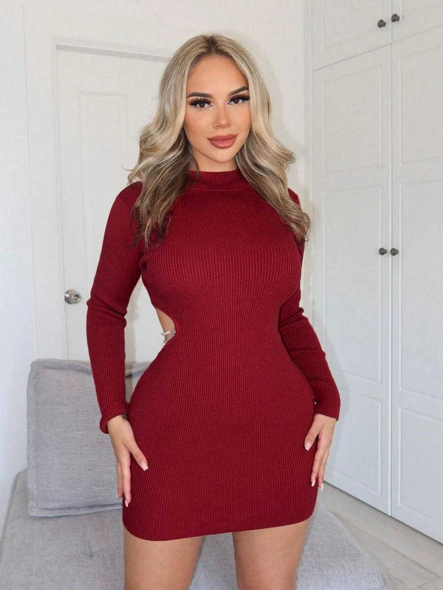 SHEIN SXY 聖誕節假期芝麻鑲嵌鑽石鏈條空心針織毛衣連衣裙,腰部剪裁細節 - 紅色 - 查看 1