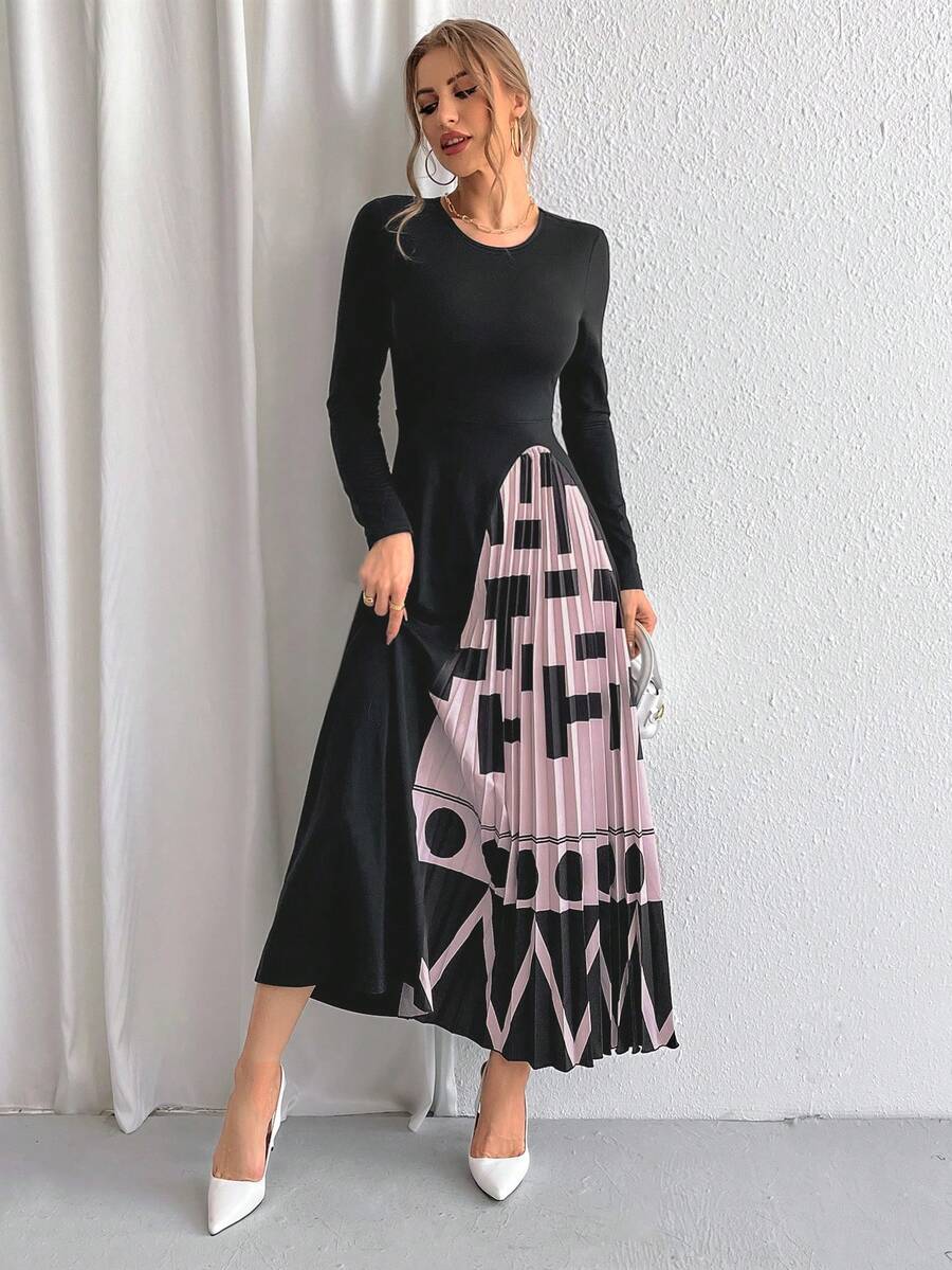 SHEIN Privé 女士幾何圖案百褶連身裙 - 黑色 - 查看 1