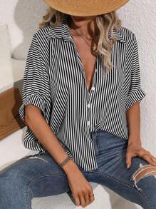 SHEIN LUNE Striped Print Batwing Sleeve Shirt - Black and White - View 1