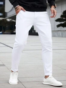 Manfinity Homme Men's Slim Fit Jeans Long Washed Light Jean Cargo Plain All White Work Business Casual Husband Going Out Vacation Work College - White - View 5