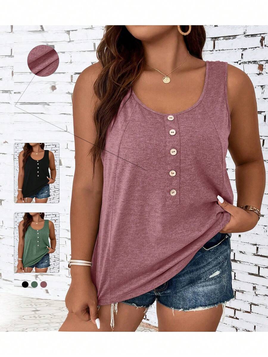 SHEIN LUNE Plus Size Solid Color Button Detail Tank Top