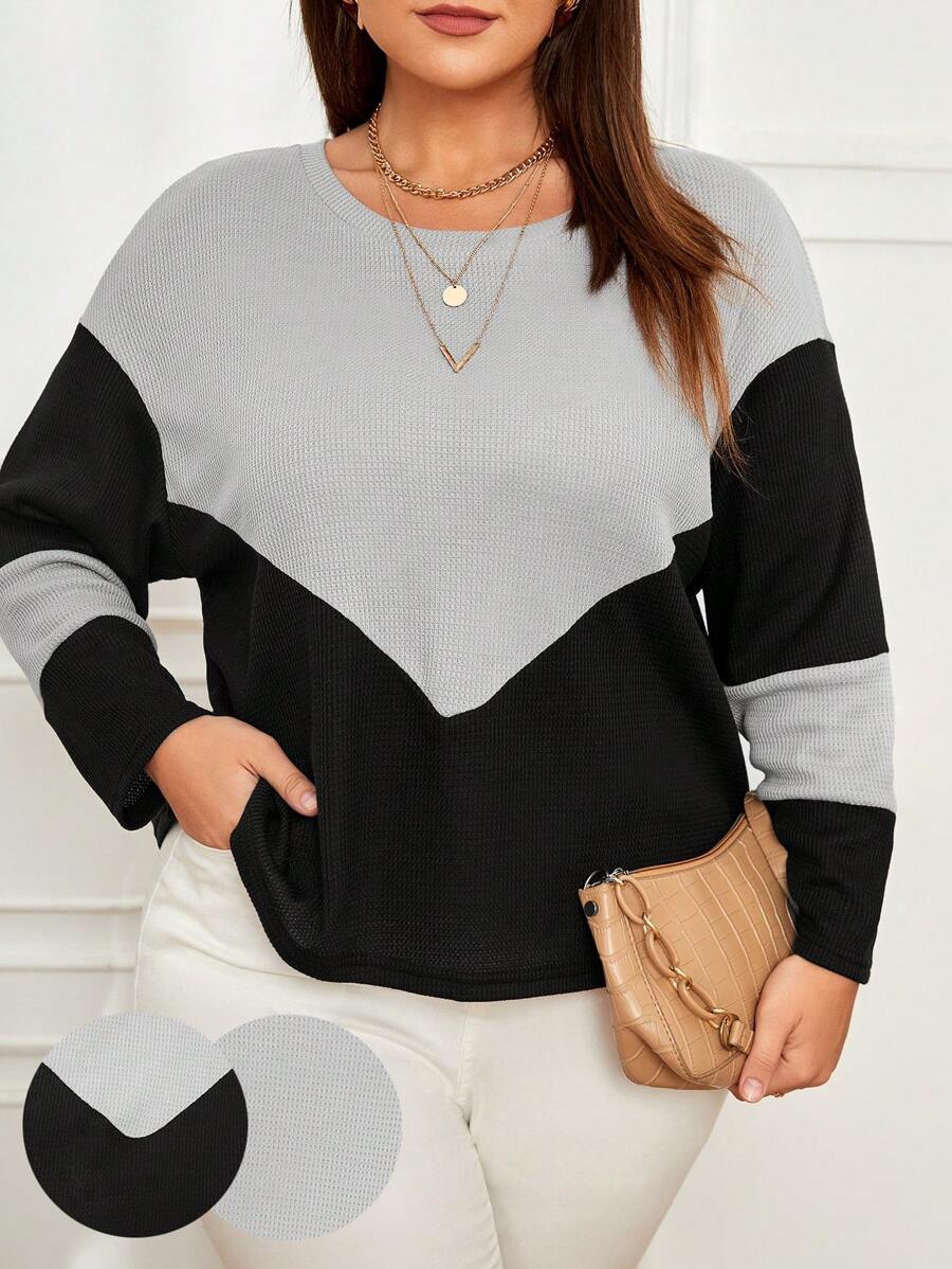 SHEIN LUNE Áo thun Plus size Khối Màu Giải trí - Màu Xám nhạt - Xem 1