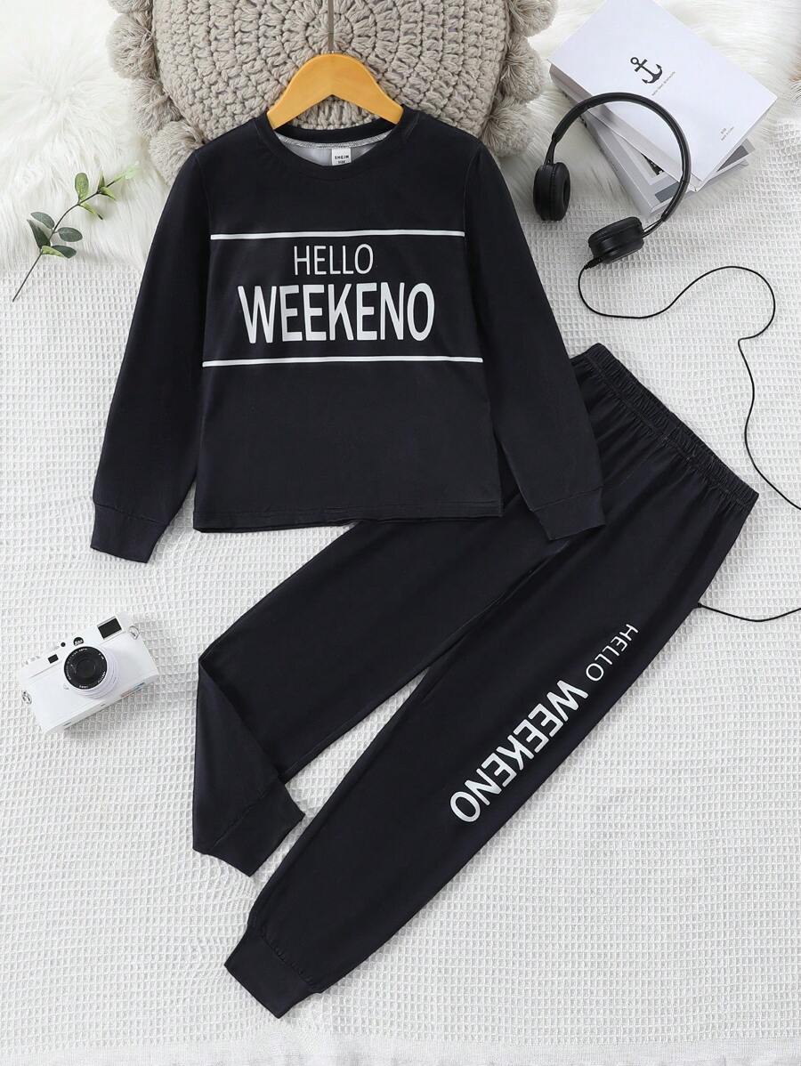 Tween Girls' English Letter Pattern Printed Comfortable Casual Pajama Set - Black - View 1