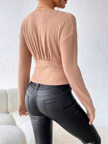 SHEIN Privé 純色條紋露肩t恤 - 卡其色 - 查看 2