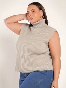 SHEIN BASICS 大碼1入組高領下擺開叉針織上衣 - 杏色 - 查看 4