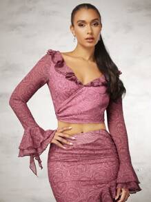 SHEIN BAE Women's Flower Jacquard Ruffle Hem Flare Sleeve Back Bow Tie Crop Top