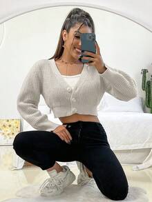 SHEIN Unity Nút phía trước Cắt sửa áo lông cừu - Xám - Xem 8