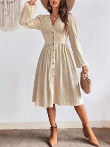 SHEIN VCAY Women's Single Breasted Lantern Sleeve Dress - Apricot - View 2