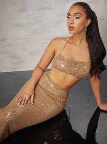 SHEIN BAE Women's Glittery Halter Top And Skirt Set - Khaki - View 1