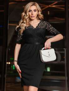 MIUSOL Vintage V-Neck Floral Lace Ruched Hem Cocktail Party Bodycon Dress - Black - View 9